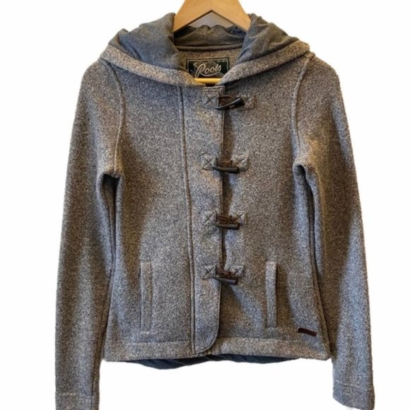 Roots Sweaters - Roots Tan Brown Full Zip Hooded Cardigan with Button Toggles, Size Small